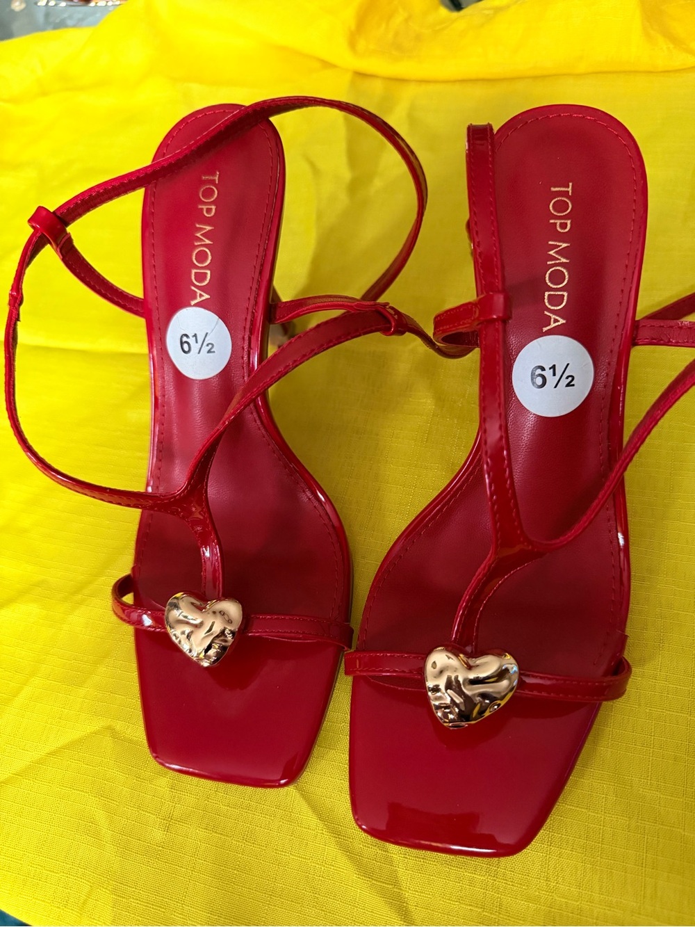 TOP Moda Red Patent Strappy Heels with Gold Heart Accent